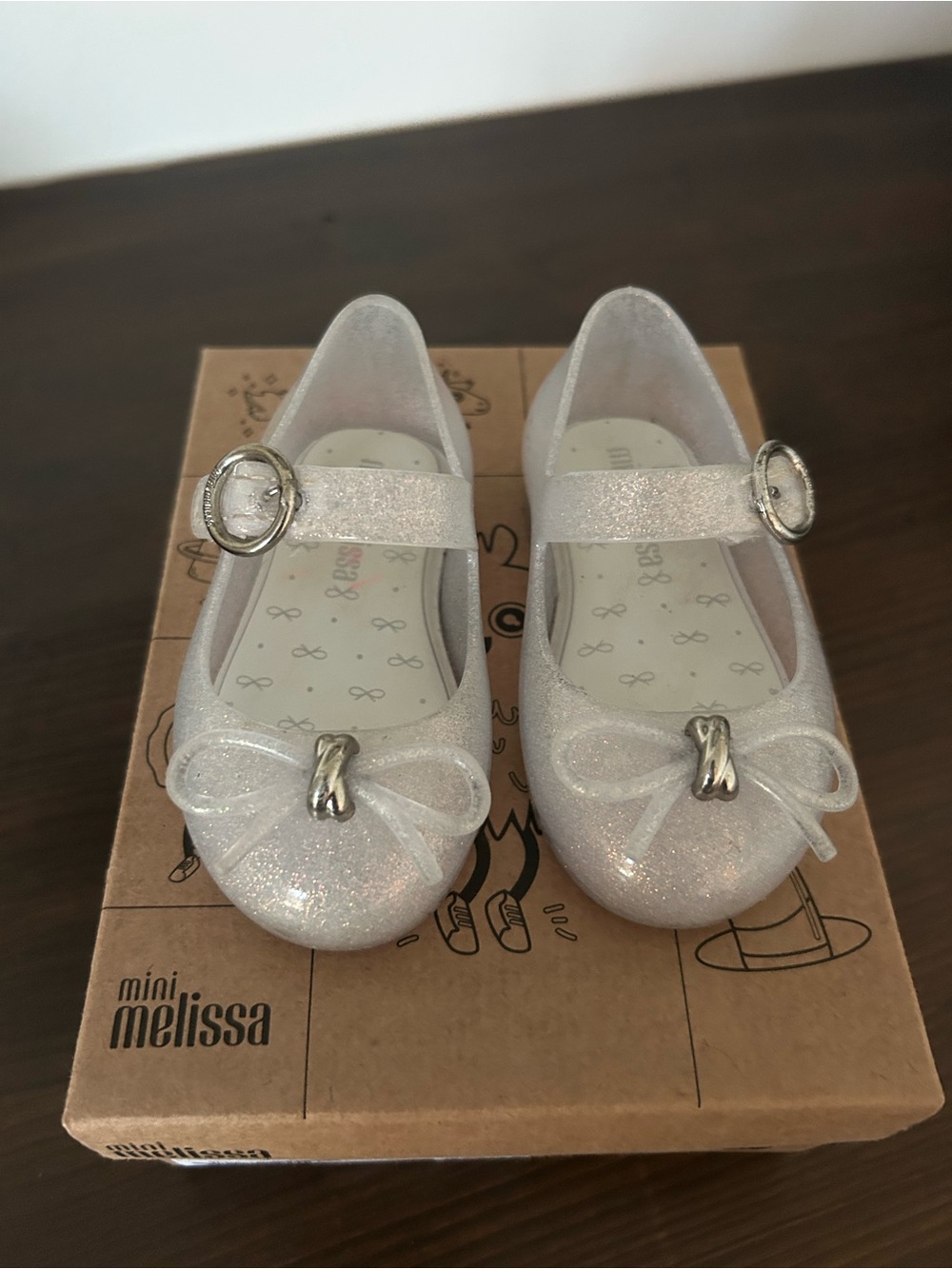 Mini Melissa Silver Glitter Mary Jane Bow Shoes